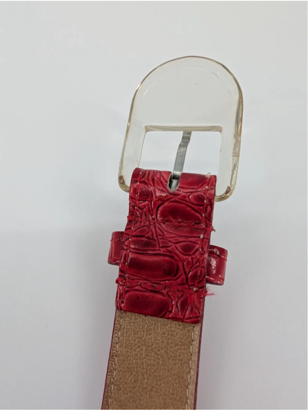 Vintage Schaffer Red Croc Embossed Belt Clear Acrylic Buckle 28-31 Lipstick Red